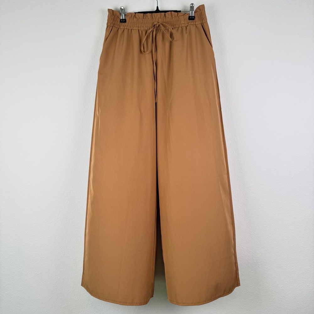 Flowy Wide Leg Pants Womens XL Light Brown Excellent Paperbag Waist Minimalist